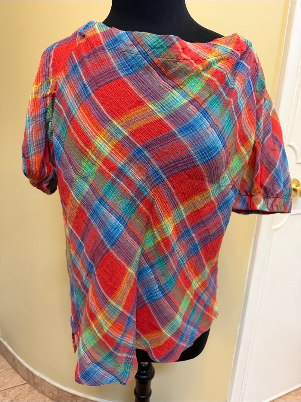 New Ralph Lauren Cotton  Multicolor Plaid Short-Sleeve Blouse - Red Multi PL